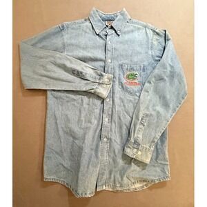 Vintage Sports Wear Shirt Mens M Blue‎ Denim Up Button Long Sleeve 90s.
